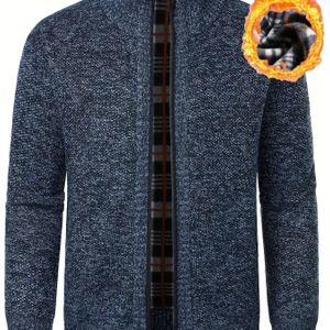 Heren Casual Stand Collar Zipper Cardigan Sweater, 100% Polyester Gebreide Stof, Regular Fit met Licht Stretch, Kleur Herfst/Winter Bovenkleding met Ritssluiting Detail