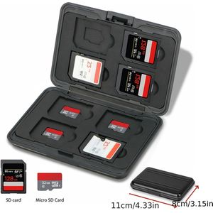 Een beschermende behuizing van aluminiumlegering voor geheugenkaarten kan 16 kaarten bevatten, waaronder SD, SIM, geheugen- en TF-kaarten, en biedt crashbestendige opslag.