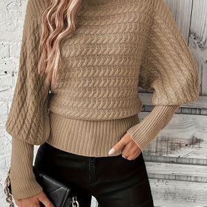 Kabelgebreide coltrui trui, elegante getailleerde lantaarn lange mouw trui voor herfst en winter, dameskleding.