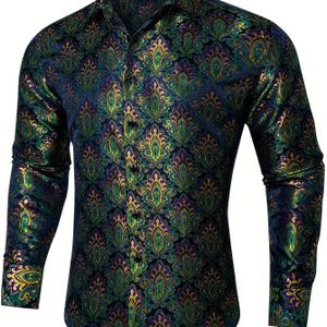 DOCAPEITON Heren Elegante Paisley Bloemen Lange Mouw Knoopshirt - Groen & Gouden , Casual Maar Verfijnd Ontwerp voor Alle Seizoenen, Volwassen Kleding | Elegante | Ingewikkelde , DOCAPEITON