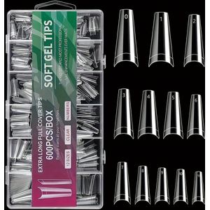 600 stuks Bedekking Nageltips 12 Maten Semi-Gel Acryl Nagelverlengingen, Geschikt voor Nagelsalons en Thuis DIY