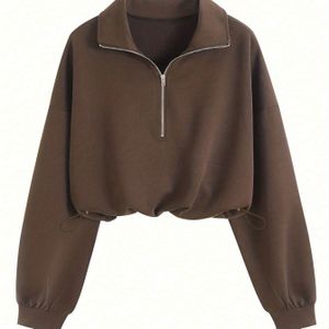 Dames Loose-Fit Kleur Drop-Schouder Lange Mouw Vintage Amerikaanse Half-Rits Sweatshirt Pullover Herfst Cropped Top