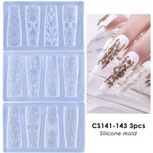 3 Stuks Luxe Geëmailleerde Zachte Siliconen Nagelgravurevormen, Retro Kantboho-vorm Bloemontwerp Nagelkunststencils, Herbruikbare 3D-sculptuurtools Voor Manicurespullen