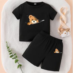 Set met casual sportkleding voor pasgeboren jongens, met een cartoon-ronde hals en korte mouwen, perfect voor buiten.