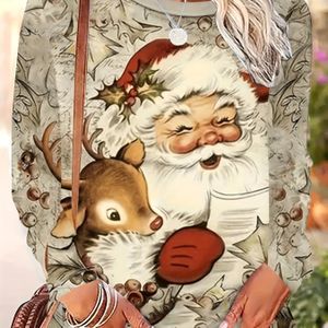 Kerstman en Rendier Print Lange Mouw T-Shirt voor Vrouwen - Casual Polyester Knit Stof, Ronde Hals, H-Pasvorm, Geen BH-Pad, Overtrek Top voor Lente/Herfst Seizoen