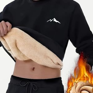 Heren Comfortabele Fleece Gevoerde Trui - Warme Herfst- En Winterpullover Met Bergprint, Lange Mouw, Ronde Hals, Casual Stijl, , Comfortabele Kleding | Top | Fleece Gevoerde , Dik