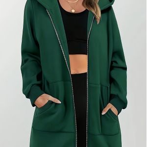 Plus Size - Dames Casual Hoodie met Rits - Kleur Polyester Mix, Machinewasbaar, Lange Mouwen Pullover met Zakken, Elegante Stijl voor Herfst/Winter