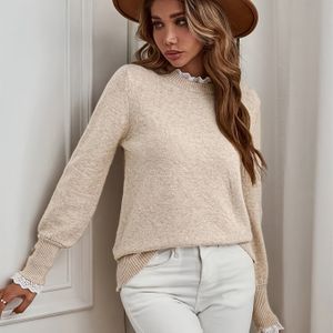 Beige trui voor dames met - Lange mouw, ronde hals, casual herfst/winter top, casual winterkleding | Trui met | Stretchy stof