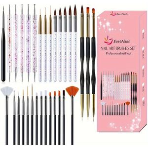 EastNails 31-delige professionele nagelkunstborstelset, dubbelzijdige detailborstels, 3D-beeldhouw- en acrylpenselen, platte verf- en fijne lijntekentools, formaldehydevrije manicureset.
