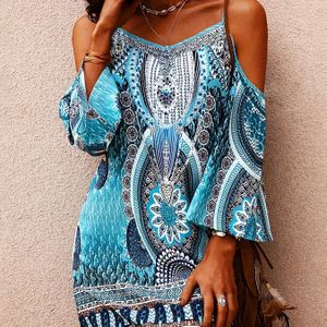 Bohemian print jurk zonder mouwen met V-hals, gemaakt van polyester en spandex gebreide stof, 180g/m², voor dames, casual, lente/zomer