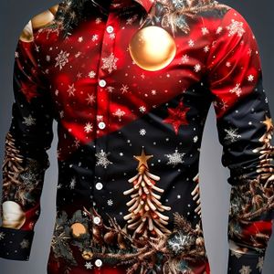 Heren Casual Kerst Gedrukte Lange Mouwen Overhemd - 100% Polyester Stof, Kraag, Licht Elastisch, Volwassen Stijl, Vakantiepatroon, Geschikt voor Lente- en Herfstseizoenen