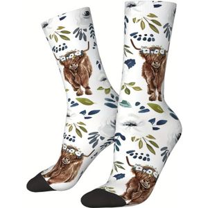1 Paar Heren Sokken met Schotse Koe - Schotse Fold Oren Kraag & Schotse Vlag Kleuren - Zachte Casual Crew Sokken, Grappig Cadeau voor Schotse Cultuur Fans, Themafeesten (Bruine Koe Print)
