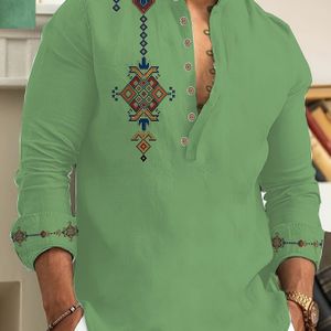 Lente en herfst heren klassieke stijl etnisch geometrisch grafisch Henley-shirt met lange mouwen, chique en stijlvolle tops voor dagelijkse en vakantie-vrijetijdskleding