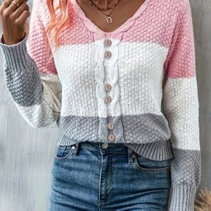 Casual Gebreide Trui, V-hals Trui Met Een Kleurbloks Gestripde Ontwerp En Knopen, Dameskleding.