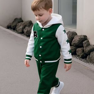 Jongensset met lange mouwen sterstik baseballjack + sweatpants casual sporty leuke stijl pluche dikke warme tweedelige outfit, perfect voor buiten