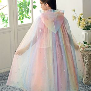 Carnevale Meisjes Verjaardagsfeest Mesh Capuchon Cape Fee Koningin Zomer Kleurrijke Dromerige Sterrenhemel Print Zonbescherming Mantel Jongeren Prinses Veelzijdige Bovenkleding 3-5 Jaar Oud