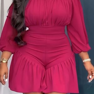 1pc Women' Color Polyester Ruffle Detail Strapless Jumpsuit With 3/4 Sleeves - All Season Woven Non-stretch Vacation Romper