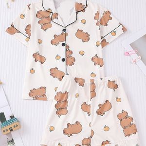 TANYUN '2-delige Vlamvertragende Pyjama Set - Korte Mouwen Kraag & Capibara/Beer Print Slaapkleding, Jongens & Meisjes Pyjama met Shorts & Bijpassende Top, Wasmachinebestendige Slaapoutfit