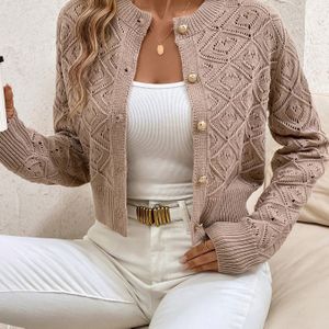 Vrouwen Casual Geometrisch Vest - Kleur Knoopsluiting Crop Trui met Ronde Hals & Lange Mouwen, Regular Fit H-Silhouet voor Lagen in de Lente/Herfst, Geknipte Cardigan, Textuur Gebreide Mode