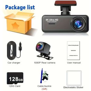 4K/1080P Dashcam Voor- en Achterkant, 170° Ultra Breed Beeldveld met Nachtzicht, 24 Parkeerstand, WDR, Ingebouwde WiFi, Loopopname, 128GB SD Kaart