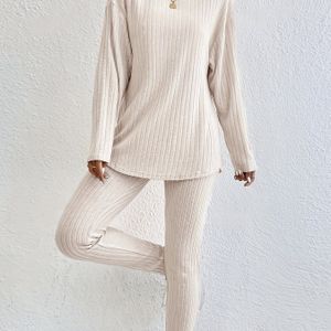 Casual Elegante Stijl Herfst en Winter Collectie: Gestreepte Top met Lange Mouwen en Broek voor Vrouwen, Ronde Hals