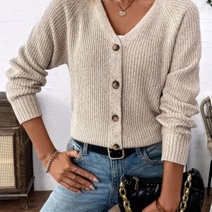 Dames Elegante Beige Cardigan Trui - Knoopsluiting Kraag & Vrij H-Lijn Silhouet, Lange Mouwen Winterjas voor Herfst/Winter, Veelzijdig Blazer-achtig Bovenkleding (Handwas/Stomerij) - Niet Nodig