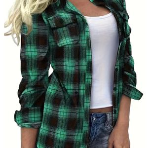 Vrouwen Lange Mouw Overhemd - Groen & Blouse, Niet-Rekbare Knoopsluiting, Casual en Formele Tops voor Alledaagse Gelegenheden, Veelzijdige Top, Klassieke Kraag, Kwaliteitsstiksel, Kantooroutfit