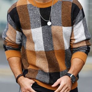 Heren Casual Geruit Ronde Hals Gebreide Trui | Losse Pasvorm, Lange Mouw, Modieus Kleurblok Design, Geschikt voor Herfst/Winter