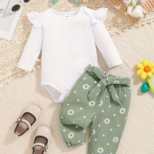 Herfst- en Winter Nieuwe Jongeren Witte Lange Mouw Madeliefjes Bloemen Broek Tweedelige Set van Meisjeskleding, Perfect voor Buiten