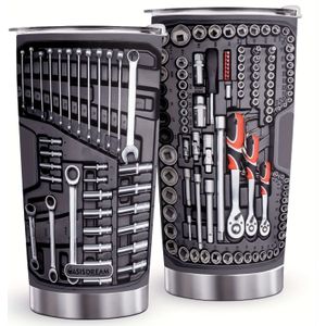 1pc 20oz Vacuum-insulated Coffee Mug, Mechanic Tool Graphic Printed With Lid, Stainless Steel Travel Mugs With Lid, Double Wall Cups For Cold & Hot Drinks Christmas Gift