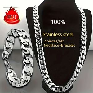 2pcs/set Men's Jewelry Set Gift Fashionable Men's 7mm Cuban Chain Bracelet And Necklace Jewelry Set - Made Of High Quality Stainless Steel, , Fade, And Corrosion Resistant