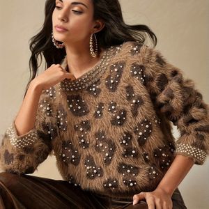 Vrouwen Retro Luipaardprint & Strass Trui - Zachte Rekbare Pullover met Parelaccenten, Ronde Hals Lange Mouwen Casual Winter Top voor Herfst- en Winteroutfits