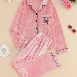 2- Elegante Gouden Diamanten Fluweel Dames Pyjama Set, Comfortabele Lange Mouwen -Top en Comfortabele Broek, Warme Winter Fluweel Pyjama Set