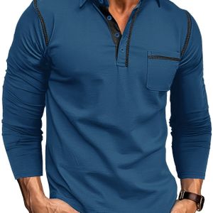 Casual polo shirt met lange mouwen voor heren - Grijs met bruine accenten, knoopsluiting, casual stijl, lente/herfstkleding, casual kleding | Casual polo shirt | Lichte stretchstof