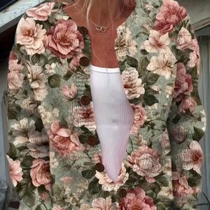 Dames Plus Size Florale Print Cardigan - Casual 3D Rozen Ontwerp met Voor, Lange Mouw Ronde Hals Lichtgewicht Polyester voor Herfst/Winter, Florale Cardigan