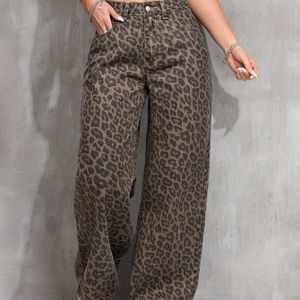 Dames Rechte Pijp Jeans - Elegante Luipaardprint Wijdpijp Denim Broek met Riemachtige Knoopsluiting & Ritszak, Veelzijdig Casual tot Chique (Niet-Rekbaar Afneembaar Stof) voor Jeans Outfits
