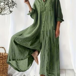 1 stuk Dames Casual Midi Palazzo Jumpsuit, Kleur Lange Mouwen Losse Pasvorm Cardigan Kraag, Rayon/Viscose Geweven Stof, Knopdetail, Lente/Herfst Mode
