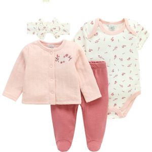 Vierdelige Baby Romper, Lange Mouwen Top en Voetbroek Set met Bloemenborduursel Print, Ideaal voor Buiten