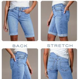 Vrouwen Zomer 2025 Hoge Taille Stretch Spijkerbroekshorts - Lichtblauw Gewassen Casual Short met Zakken, Knoopdetail en Slanke Pasvorm, Perfect voor Reizen, Werk en Casual Kleding