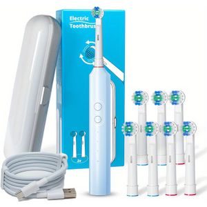 Elektrische Tandenborstel met 8 Opzetborstels, Slimme Timer, 3 Reinigingsmodi, Ronde Kop Tandenborstel, USB Snel Opladen, Waterdicht, Oplaadbare Volwassen Elektrische Tandenborstel