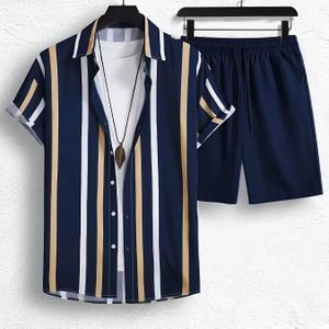 Zomer Nieuw Herenpak met Korte Mouwen en Gestreept Strandshort voor Mannen