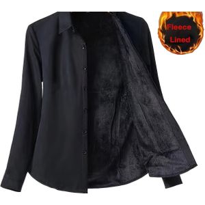 Herfst Winter Fleece-Gevoerde Dames Zwarte Professionele Overhemd, Stijlvolle Koreaanse Look Lente Langmouwen Werk Top