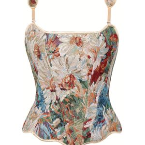 Franse Smock Top met Bloemenprint - Strakke Taille-cinching Bodice, Kant aan de Achterkant/Verstelbare Sluiting voor Jurken, Blouses & Casual Kleding - Vormgevende Korte Jas