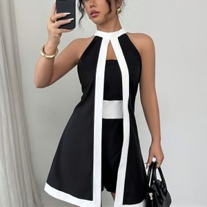 Elenzga Dames Zwart & Wit Geblokte Gestreepte Halter Neklijn Slit Jumpsuit