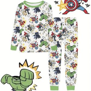 2-9 Jaar Jongens Marvel Huispak Set 2 stuks, met Groene Reus, Thor, Captain America, Wolverine, en meer cartoon patronen, modieuze casual ronde hals lange mouw, zacht comfortabel licht-ademend
