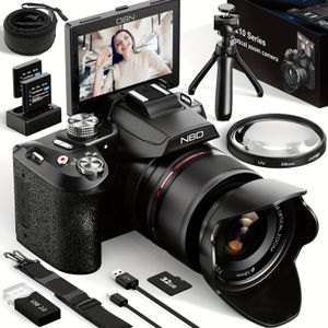 NBD 5K & Digitale Camera's voor Fotografie, 16X Optische Zoom Camera met WiFi & App Bediening, Vlogging Camera met 180° Draaibare 3-inch Scherm, , Tas, 2 Batterijen, Camera Riem & 32GB Kaart