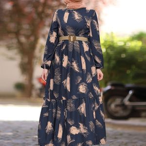 Ramadan Allover Print Crew Neck Kaftan, Informele Maxi Jurk Met Lange Mouwen, Dameskleding