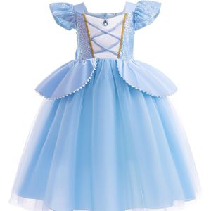 Vintage stijl prinsessenjurk voor kinderen, polyester ronde hals midi fit and flare jurk, met pofmouwen, strikdetail en trapezezoom, voor alle seizoenen speciale gelegenheid blauwe jurk.