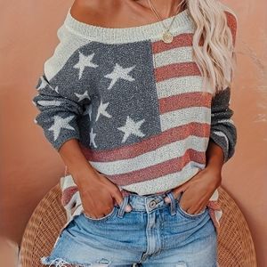 Women's Casual Crew Neck Color Block American Flag Striped Knit Pullover Top, 100% Polyester, Spring/summer Collection