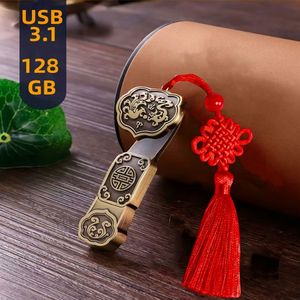 LANSTEN USB 3.1 128GB Geluksbrenger Metalen USB-Stick met Chinese Stijl Bronzen Retro Koperen Muntvormige USB 3.1 Drive voor Muziekopslag